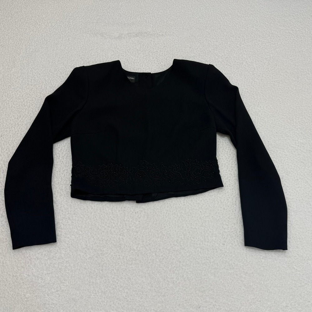 Donna Morgan Petites Black Long Sleeve Cropped‎ Blouse Soutache Trim Size 4